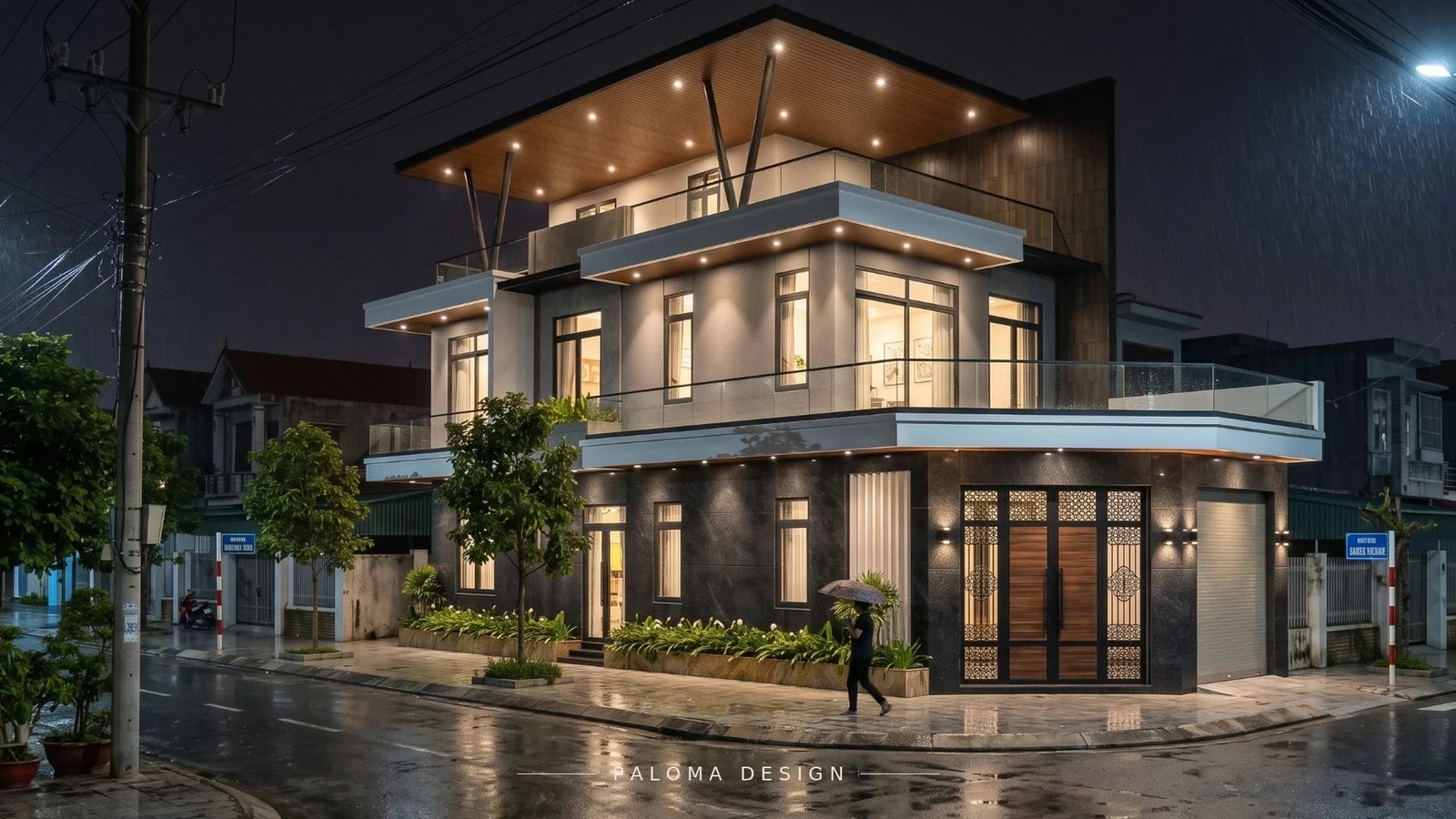 Nhà góc phố đêm mưa với người cầm ô
