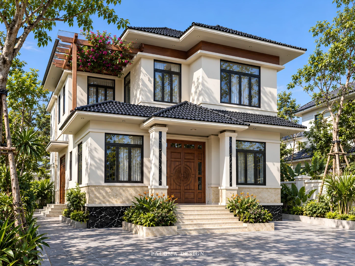 Phối cảnh góc nghiêng biệt thự 2 tầng Mr. Tĩnh tại Nam Định cùng sân vườn