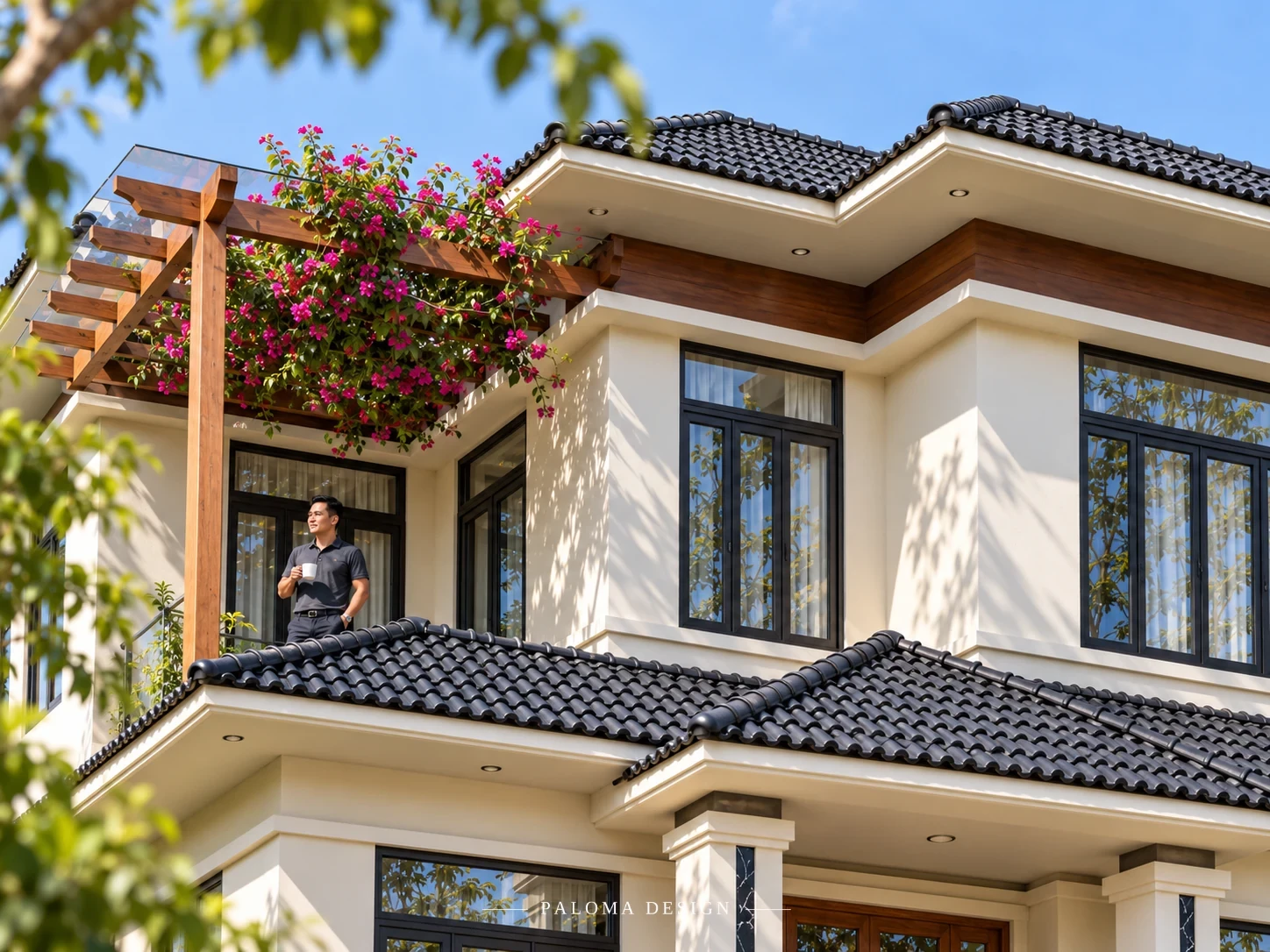 Chi tiết tầng hai, cửa kính và mái biệt thự Mr. Tĩnh tại Nam Định
