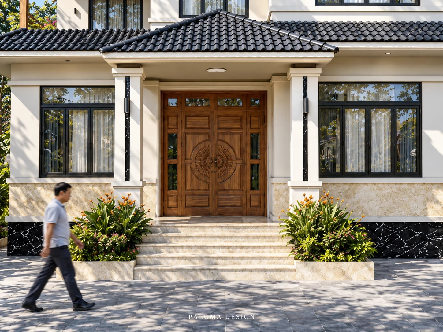 Sảnh vào với bậc thềm và cửa chính biệt thự Mr. Tĩnh tại Nam Định