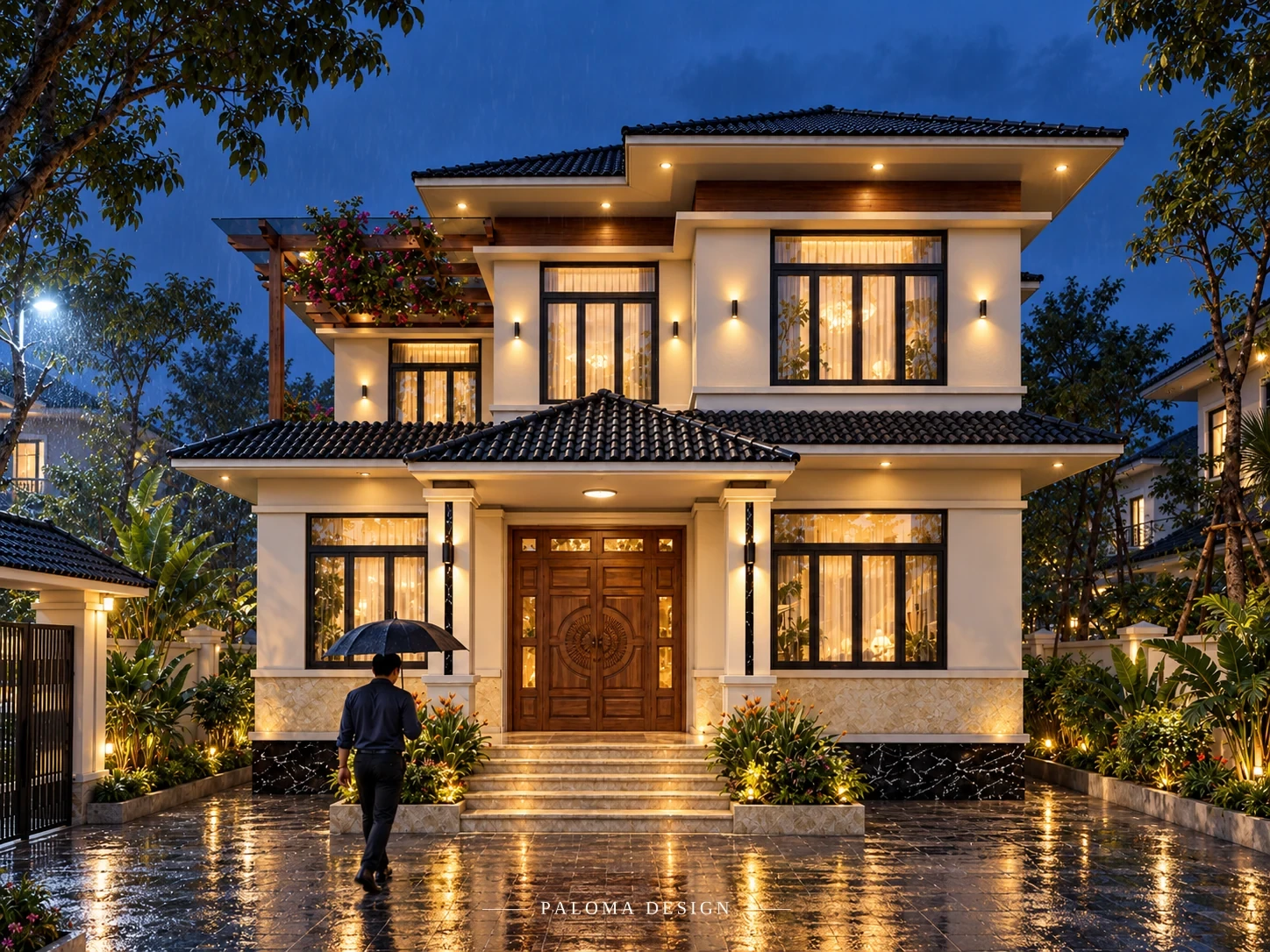 Phối cảnh biệt thự Mr. Tĩnh tại Nam Định với ánh đèn vào buổi tối