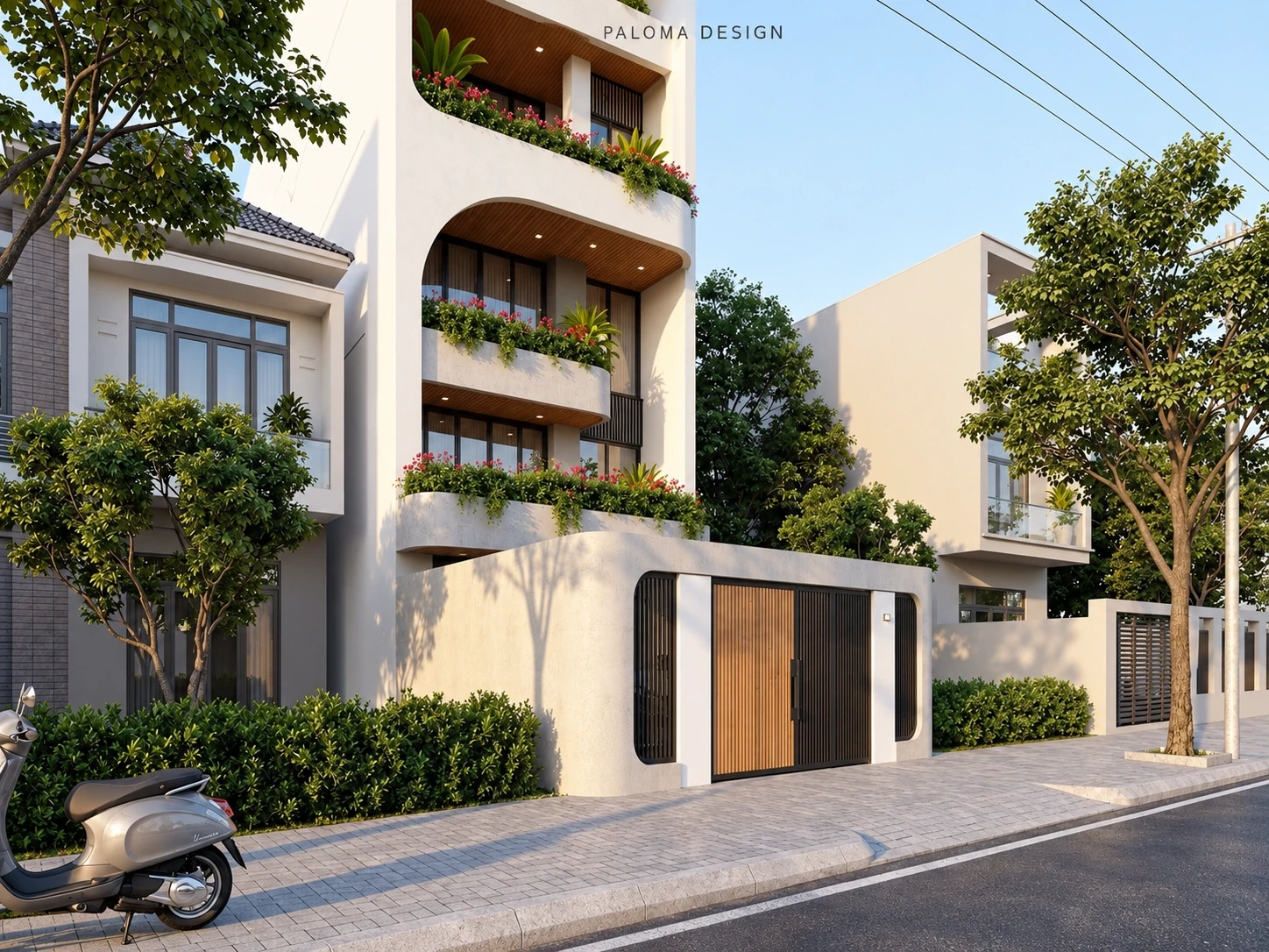 Góc nhìn cận cảnh mặt tiền và khu vực cổng nhà phố Ms. Hoa Hoài Đức