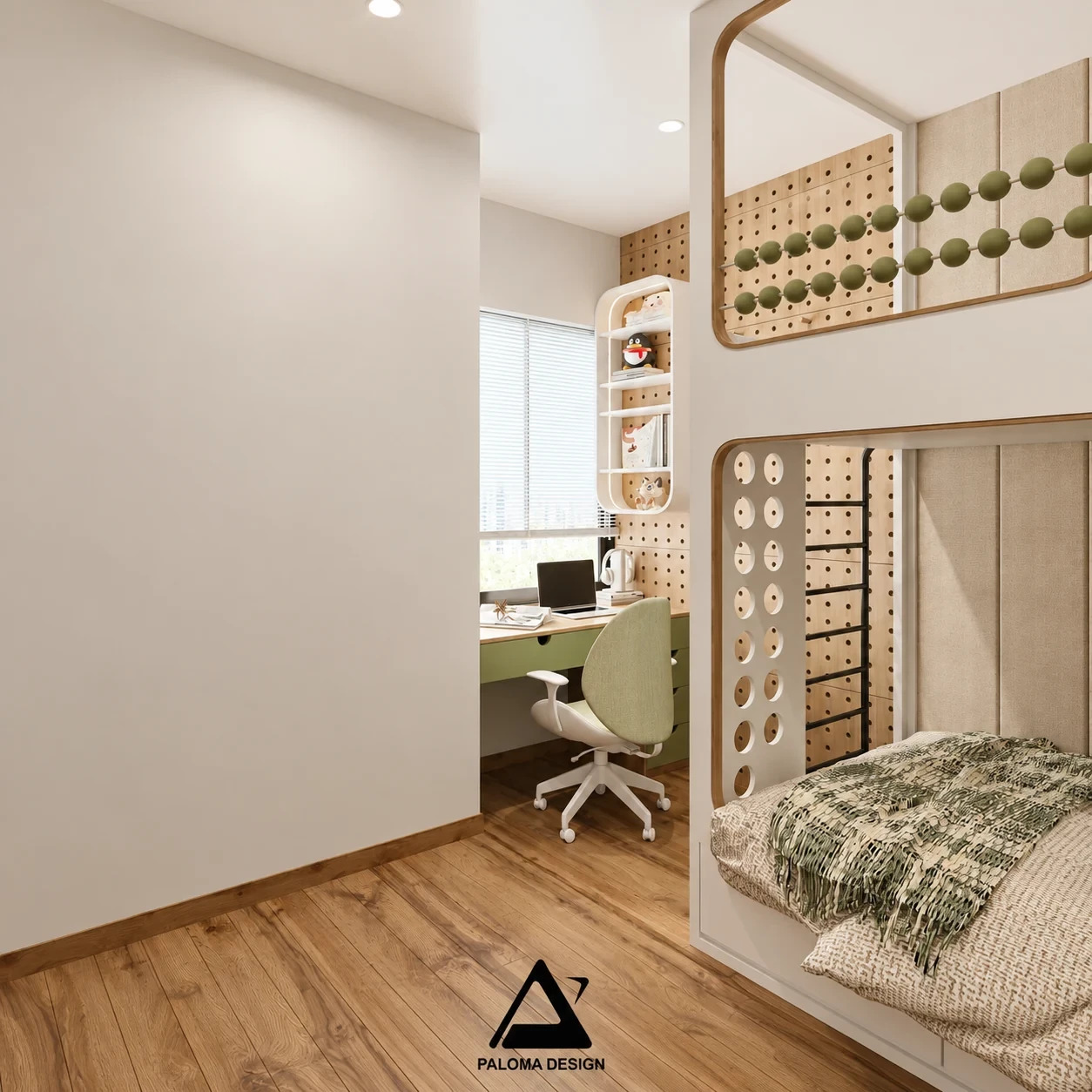 Phòng trẻ em Scandinavian ấm cúng với giường tầng thông minh