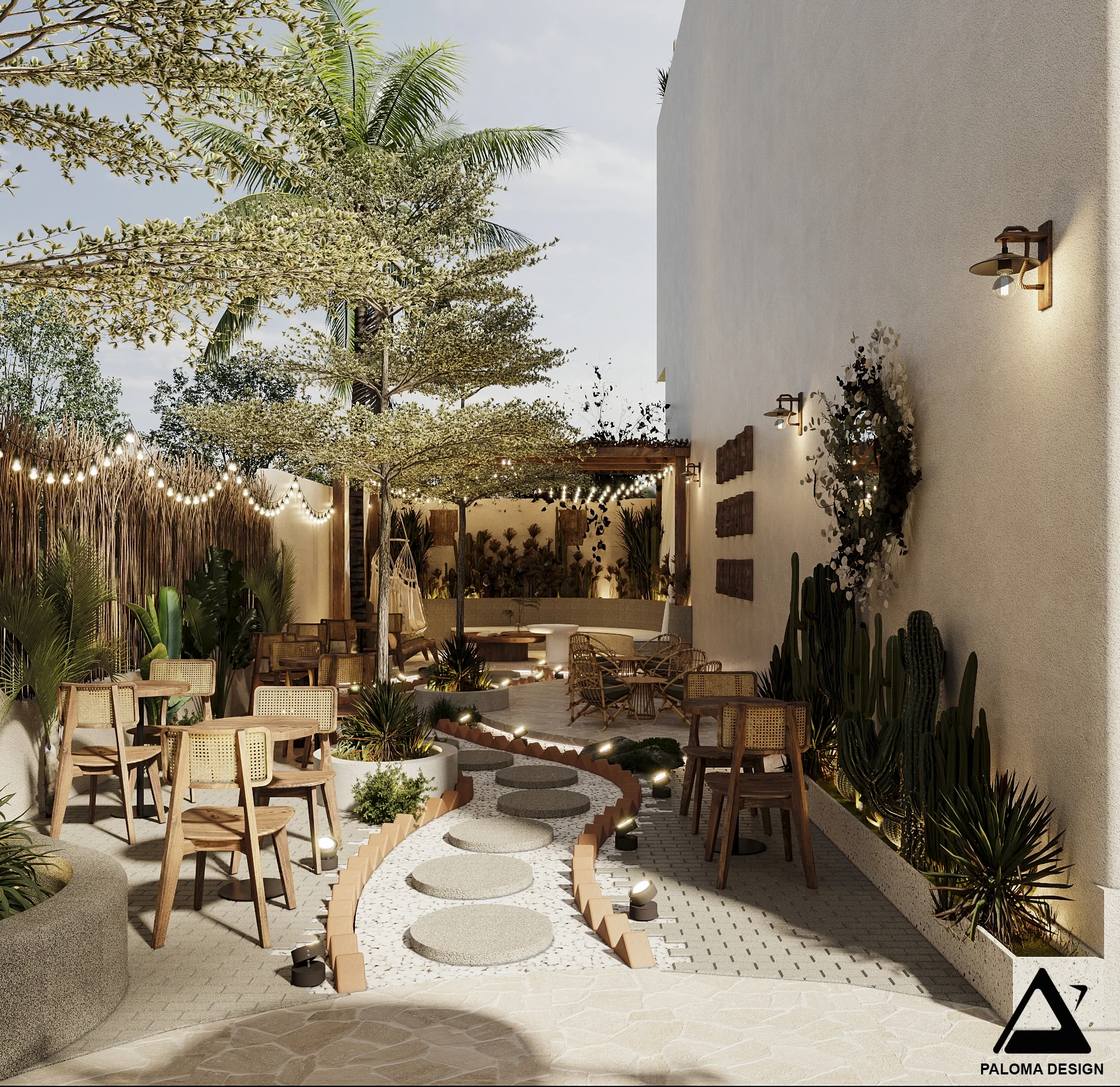 Chi tiết hình khối và đường cong mặt đứng Monaco Café – Paloma Design