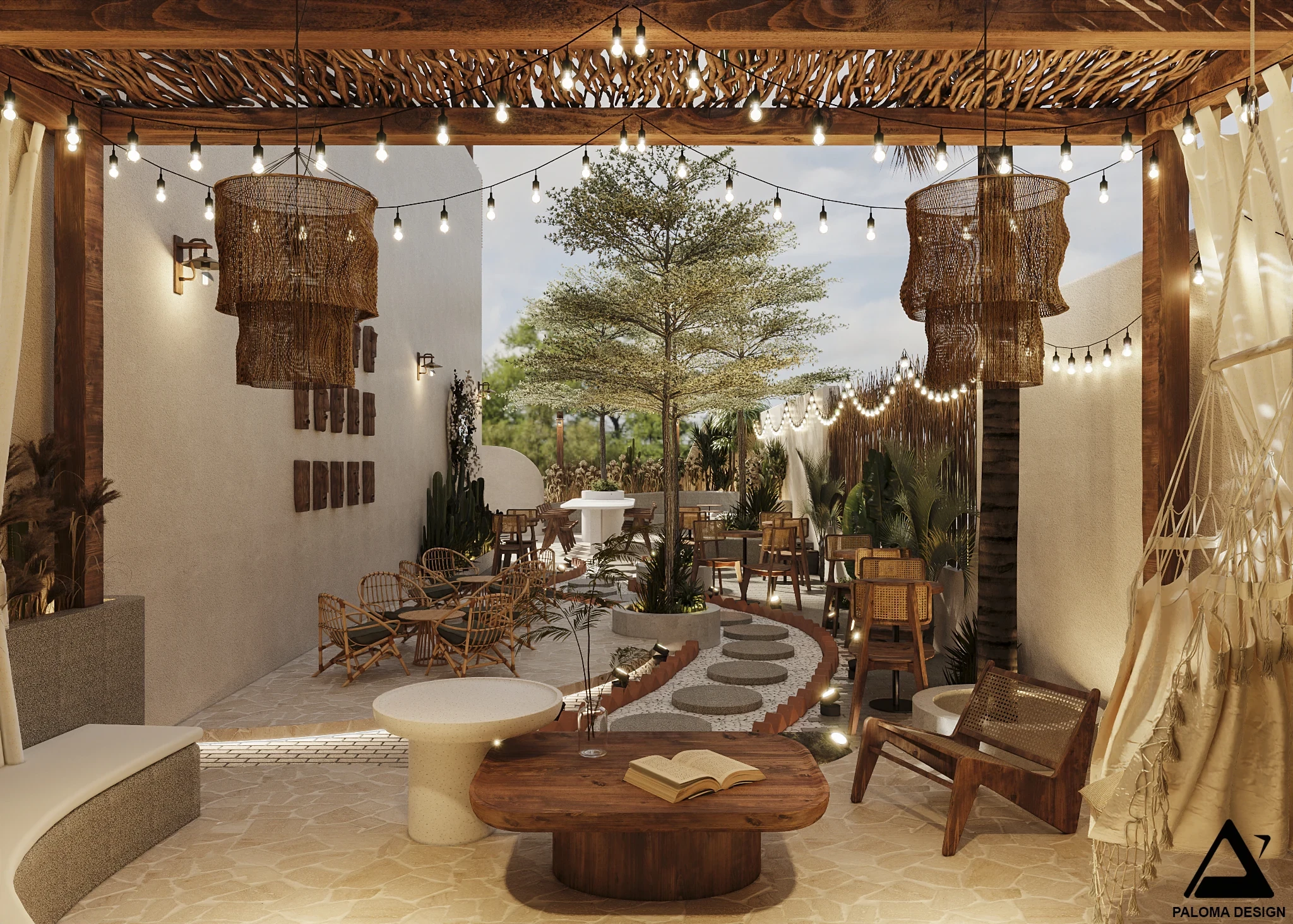 Phối cảnh góc nhìn kiến trúc Monaco Café với đường nét bo cong – Paloma Design