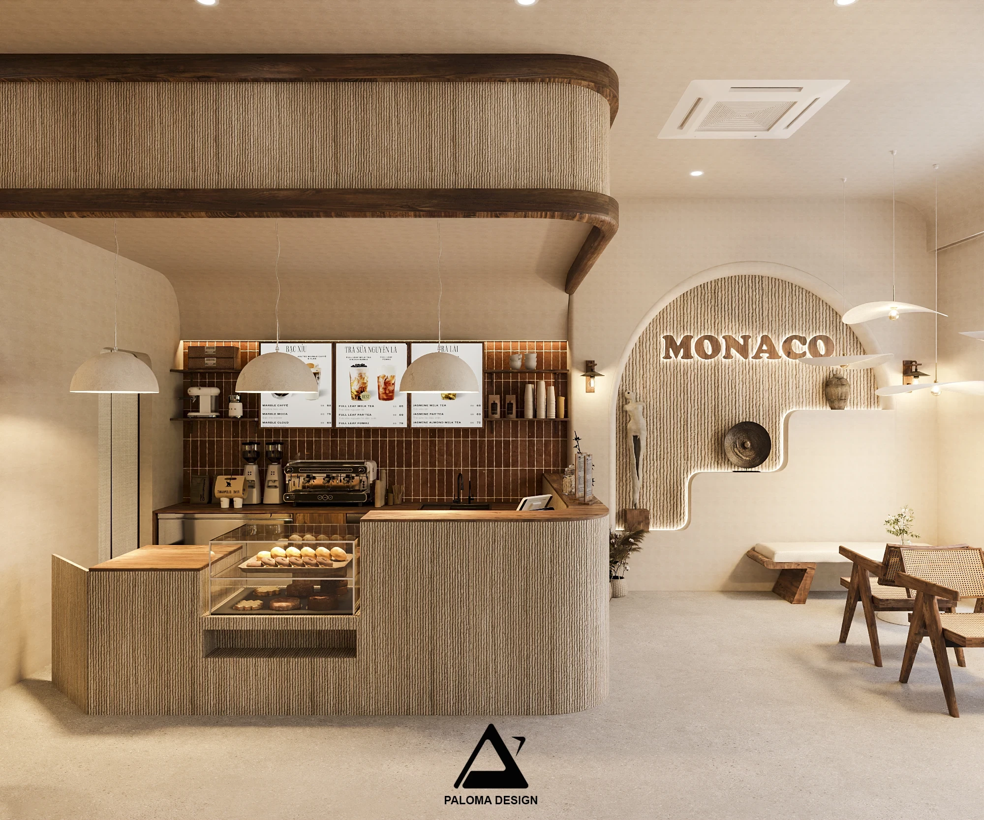 Bố cục nội thất và khu vực khách ngồi tầng 1 Monaco Café – Paloma Design
