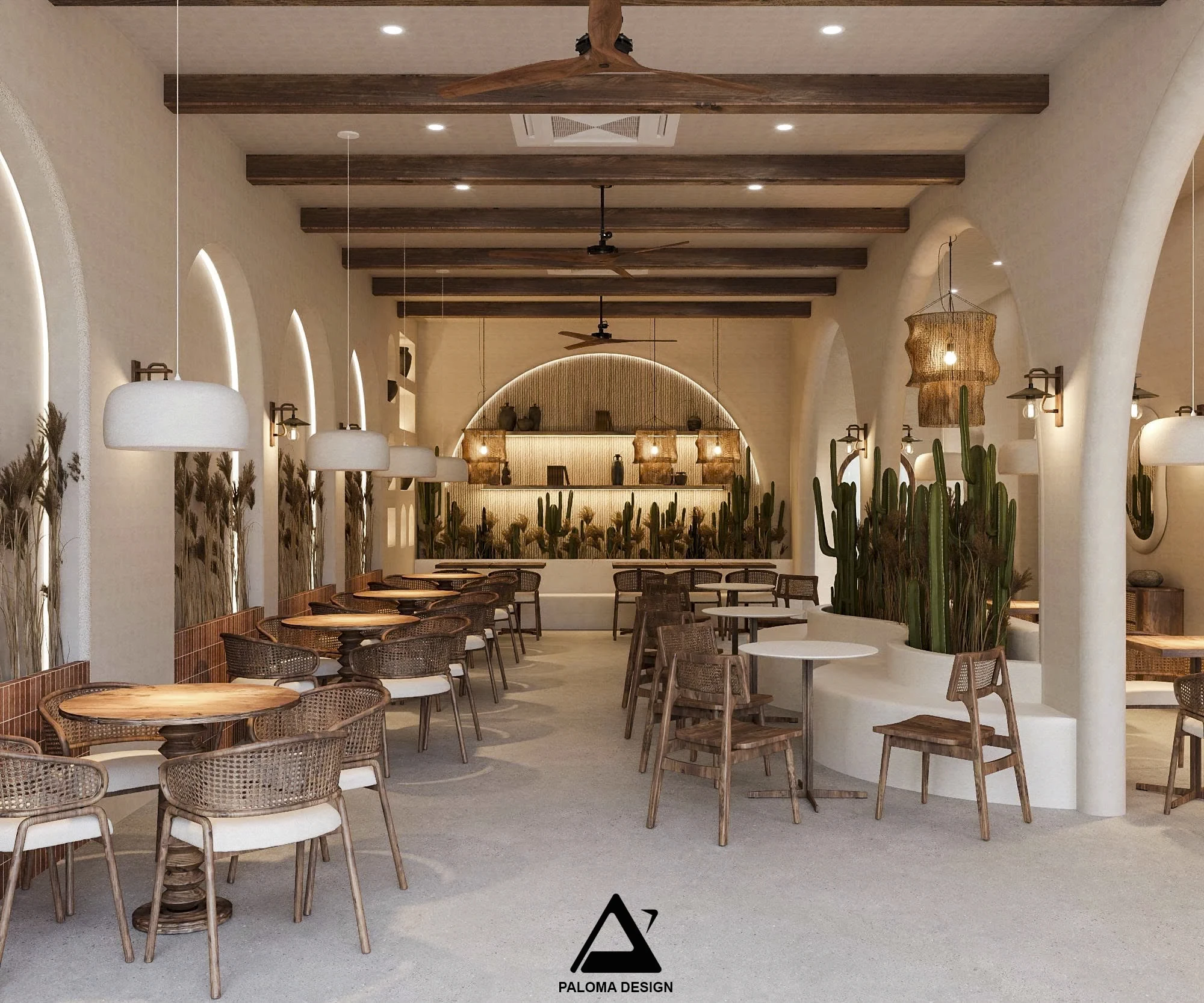 Phối cảnh nội thất tầng 1 Monaco Café với không gian tiếp khách – Paloma Design