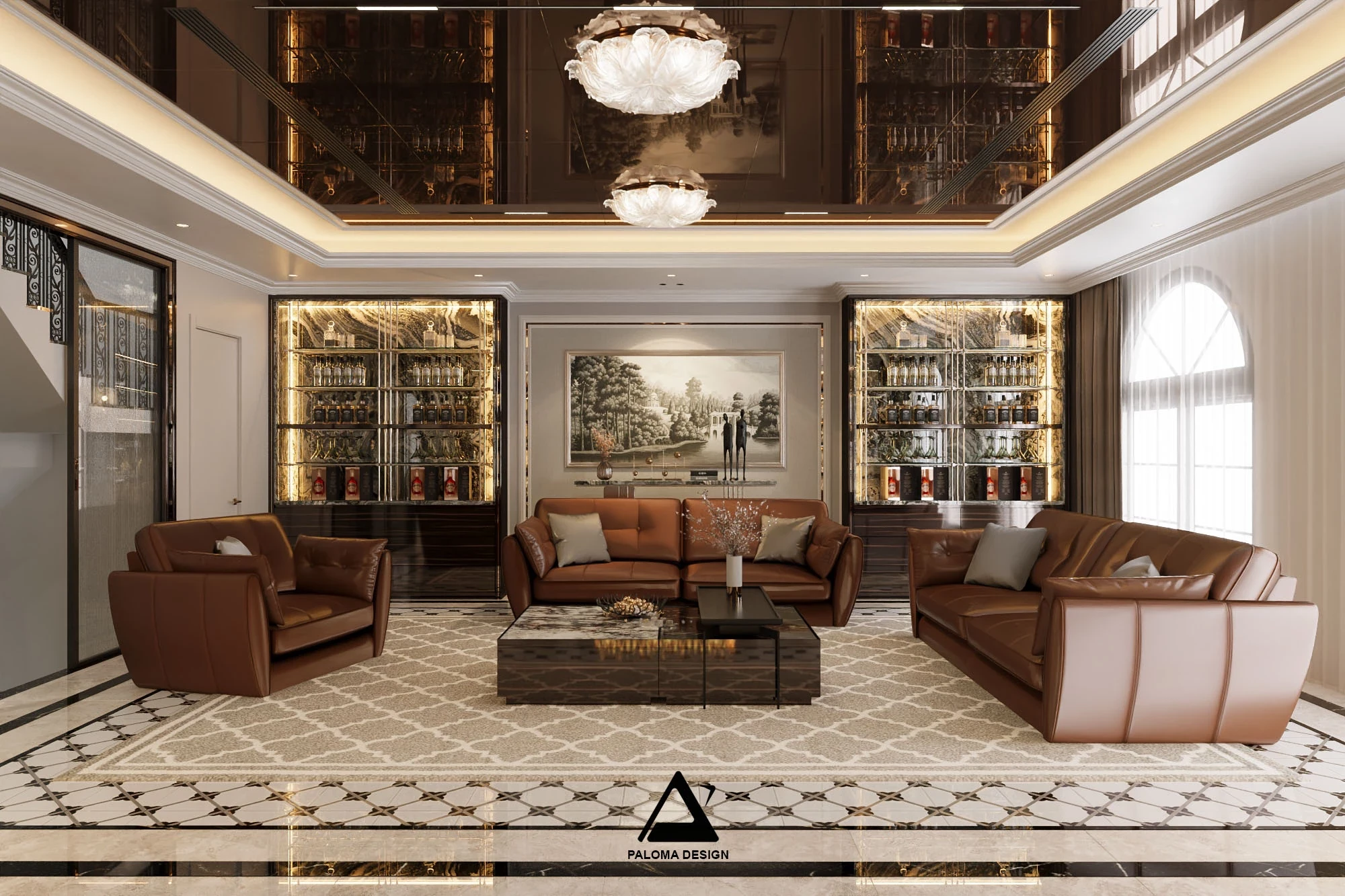 Phối cảnh phòng khách nhà anh Thắng tại Kim Mã với sofa da nâu, hệ tủ trưng bày và đèn trang trí – Paloma Design