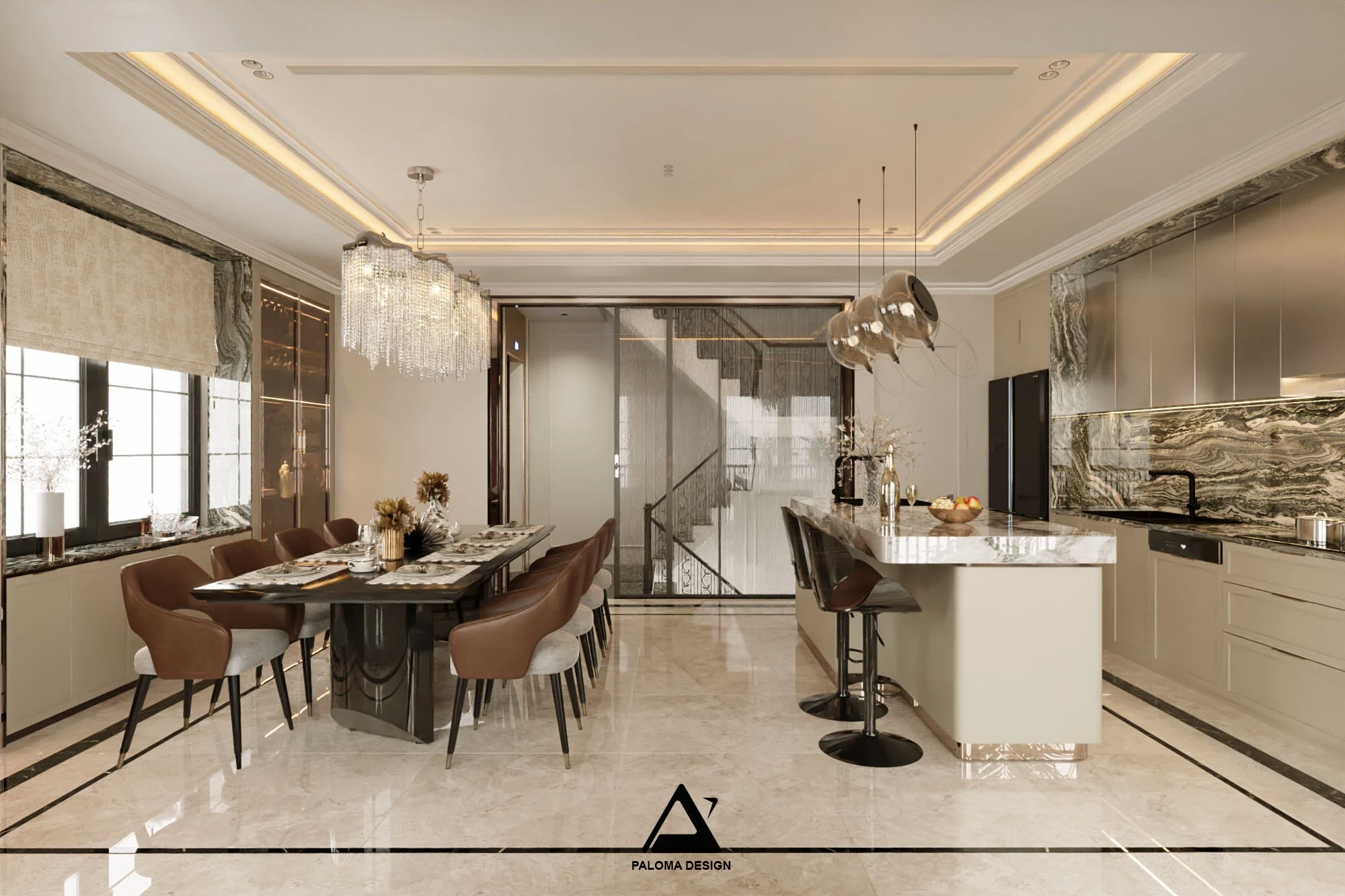 Phối cảnh tổng thể bếp và phòng ăn nhà anh Thắng Kim Mã với đảo bếp, bàn ăn và đèn thả