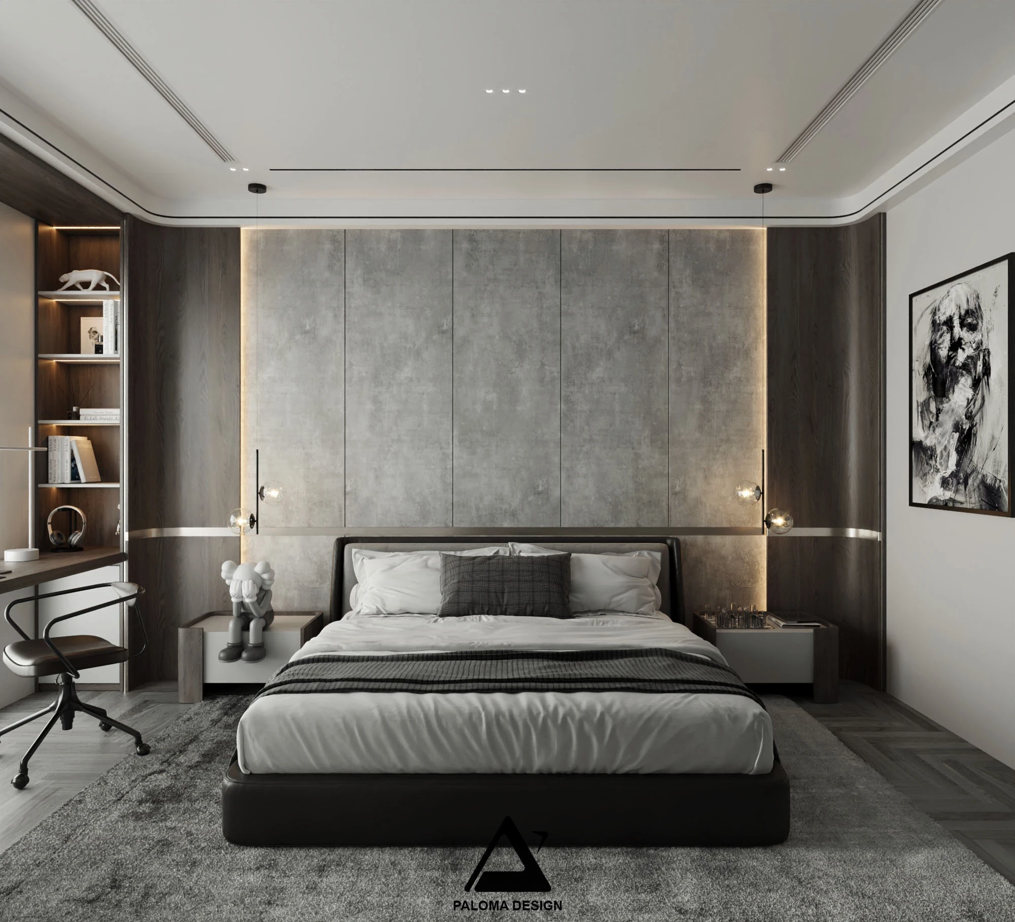 Phối cảnh tổng thể phòng ngủ tầng 5 Kim Mã với giường ngủ, mảng ốp đầu giường và bàn làm việc