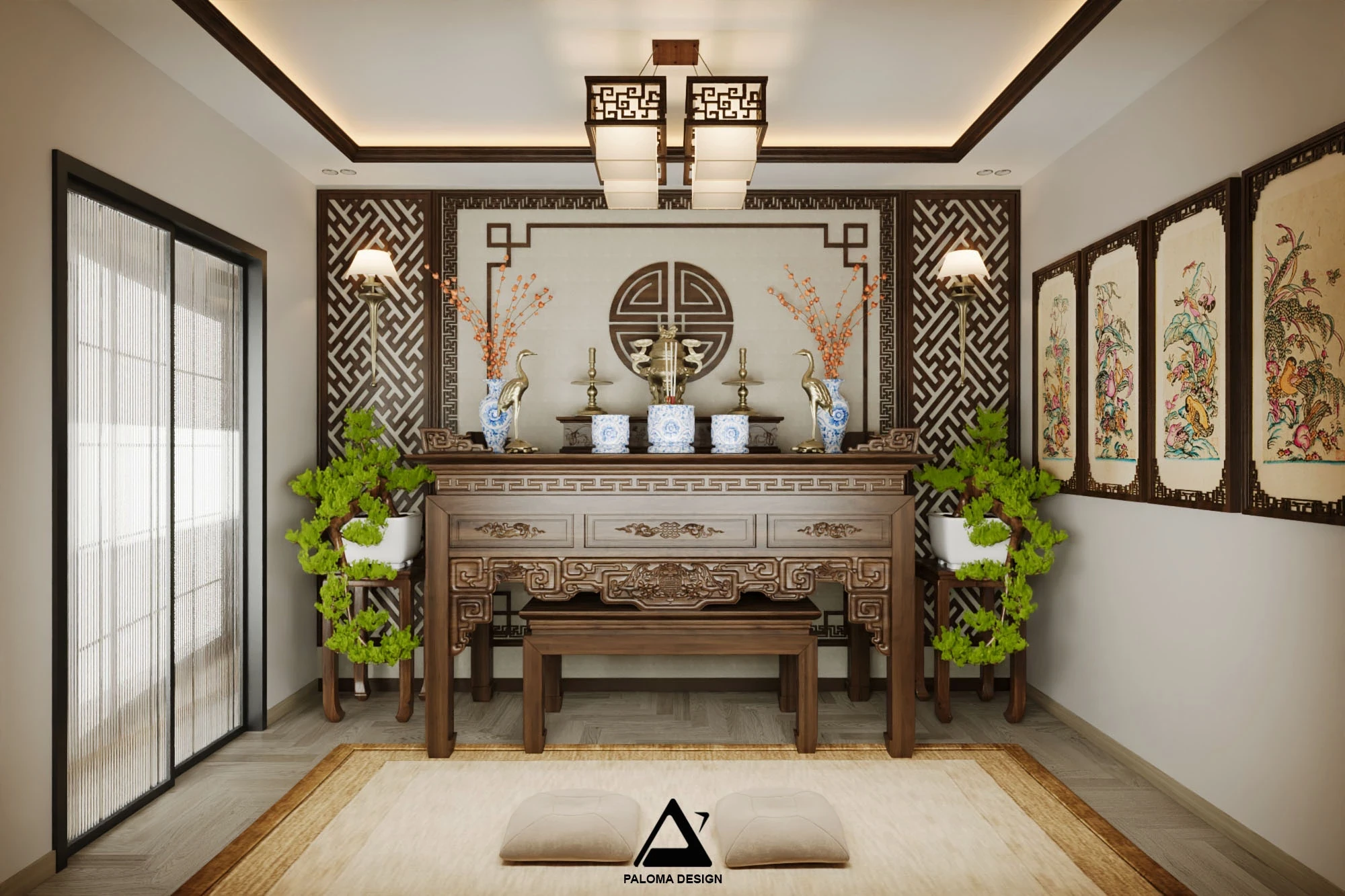 Phối cảnh phòng thờ tầng 9 nhà anh Thắng Kim Mã với bàn thờ gỗ chạm khắc và bố cục trang nghiêm