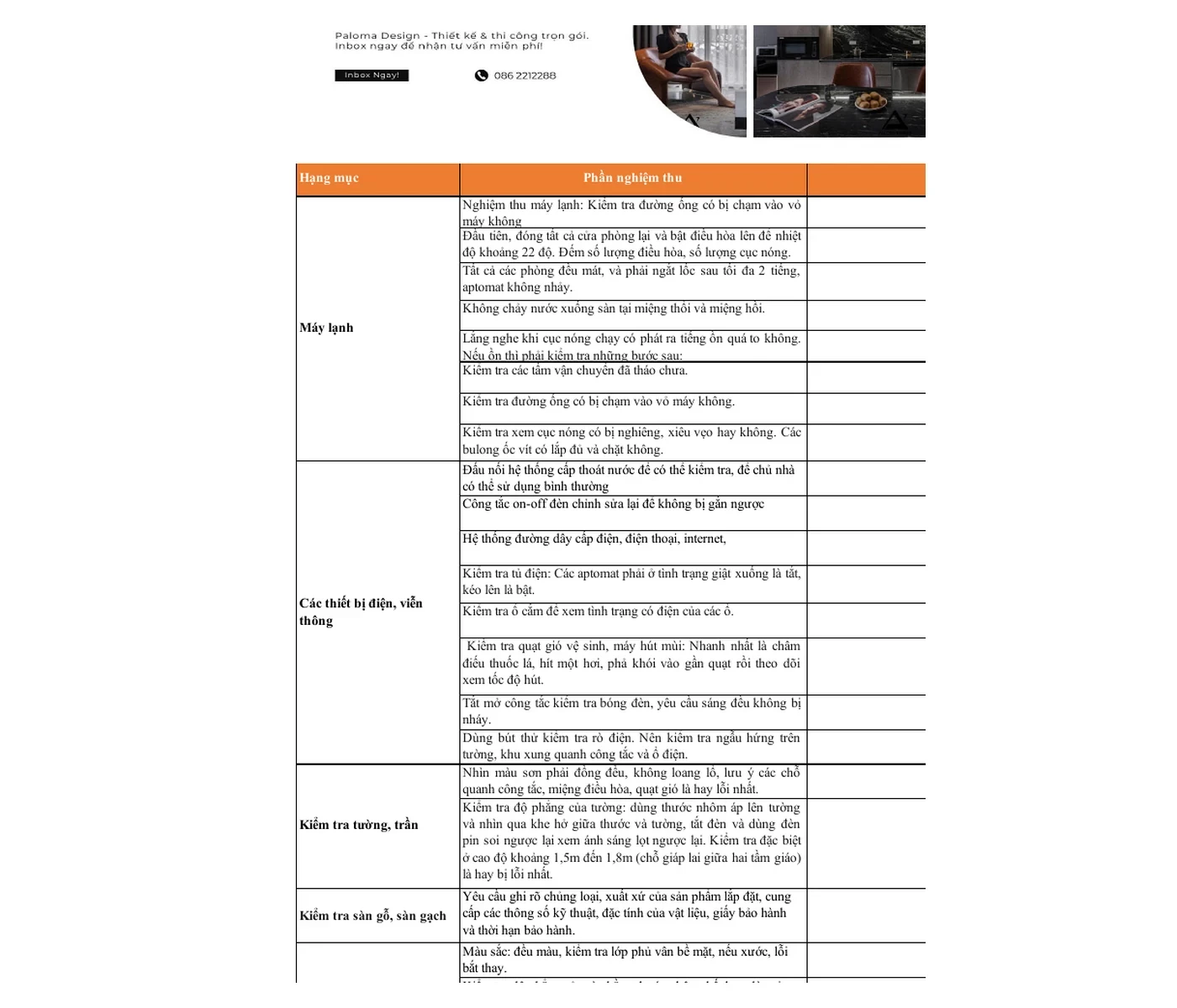 Checklist kiểm tra nghiệm thu và bàn giao công trình