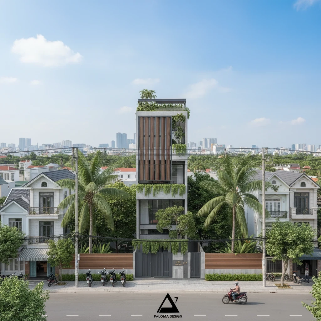 Phối cảnh tổng thể nhà phố có nhiều tầng và cây xanh