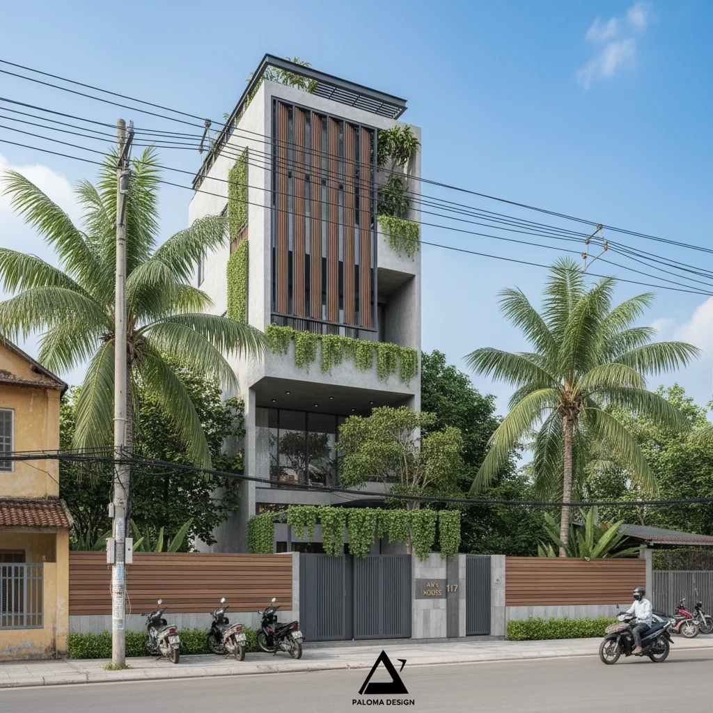 Góc nhìn nghiêng mặt tiền nhà phố hiện đại