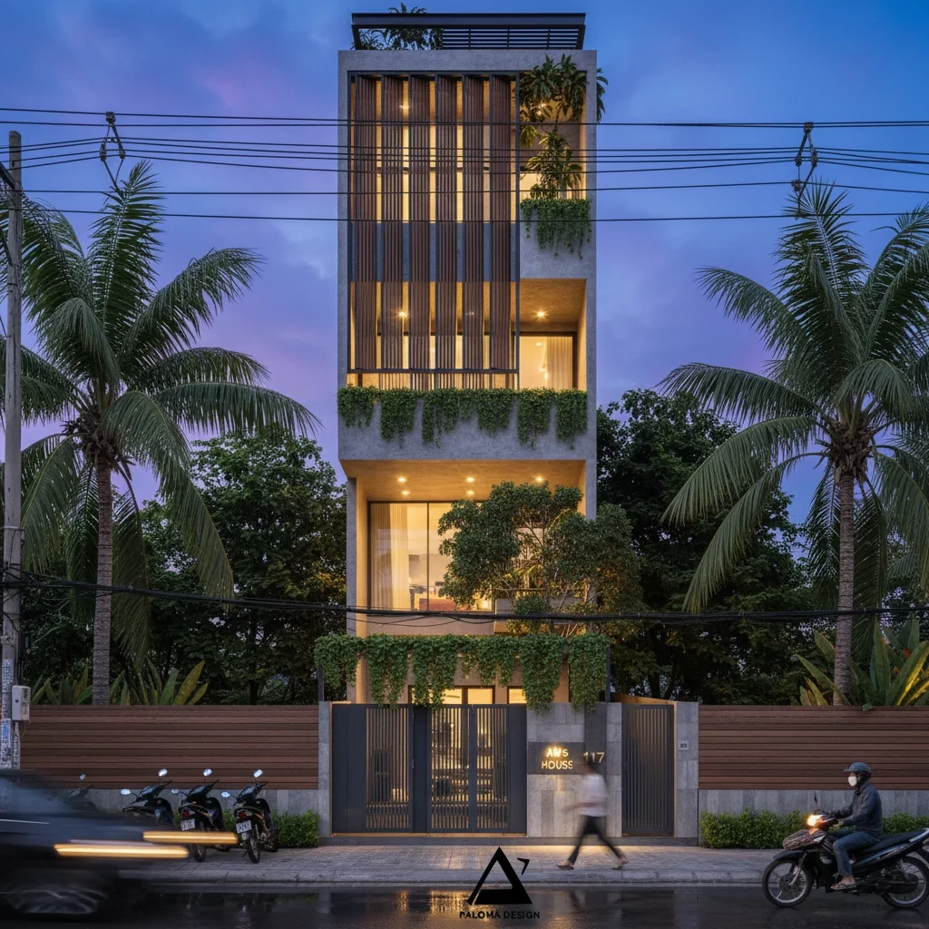 Phối cảnh ánh sáng buổi tối cho nhà phố hiện đại