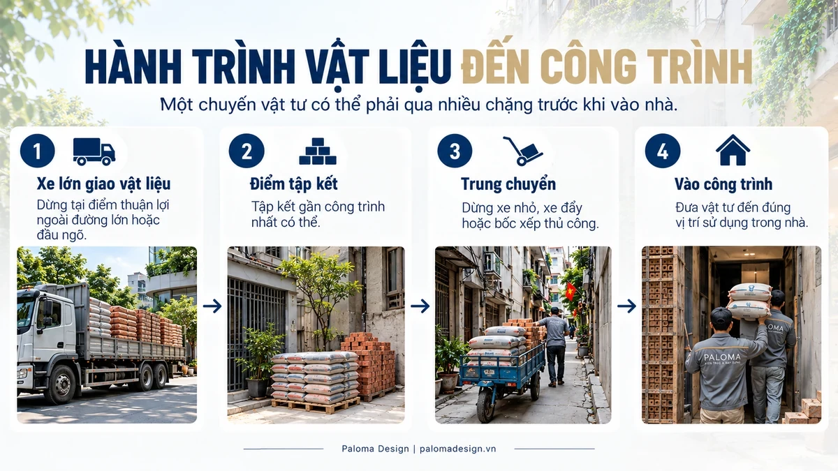 Sơ đồ hành trình vật liệu vào công trình trong ngõ nhỏ