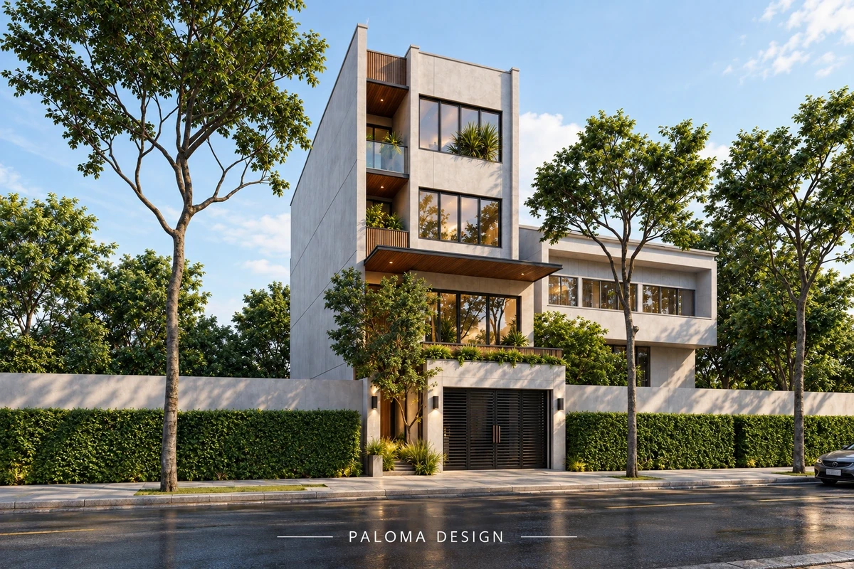 Visual concept nhà phố Paloma minh họa bối cảnh khu dân cư khi tổ chức thi công xây nhà.