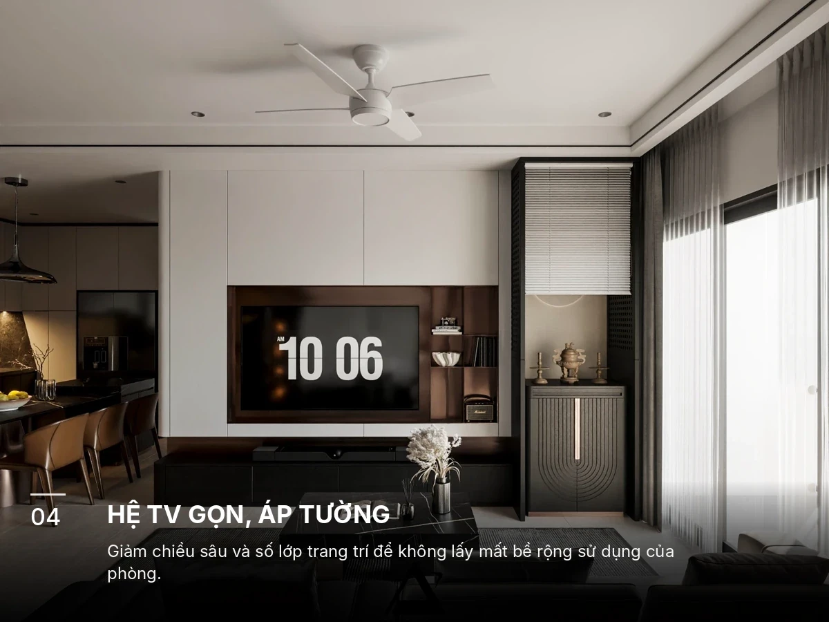 Hệ TV bố trí sát tường cạnh cửa sổ trong phòng khách nhà phố.