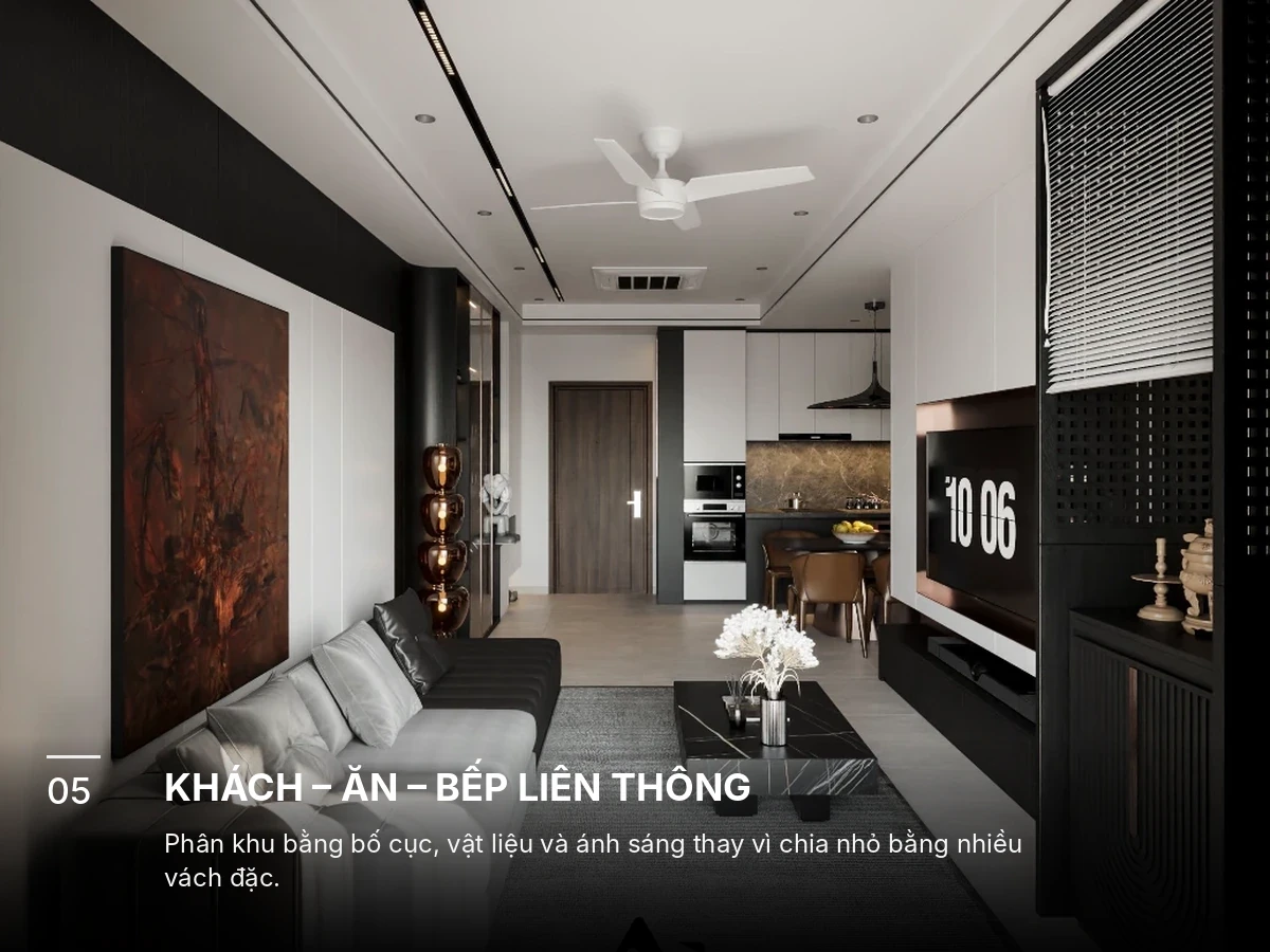 Không gian khách, bàn ăn và bếp liên thông trong nhà phố.