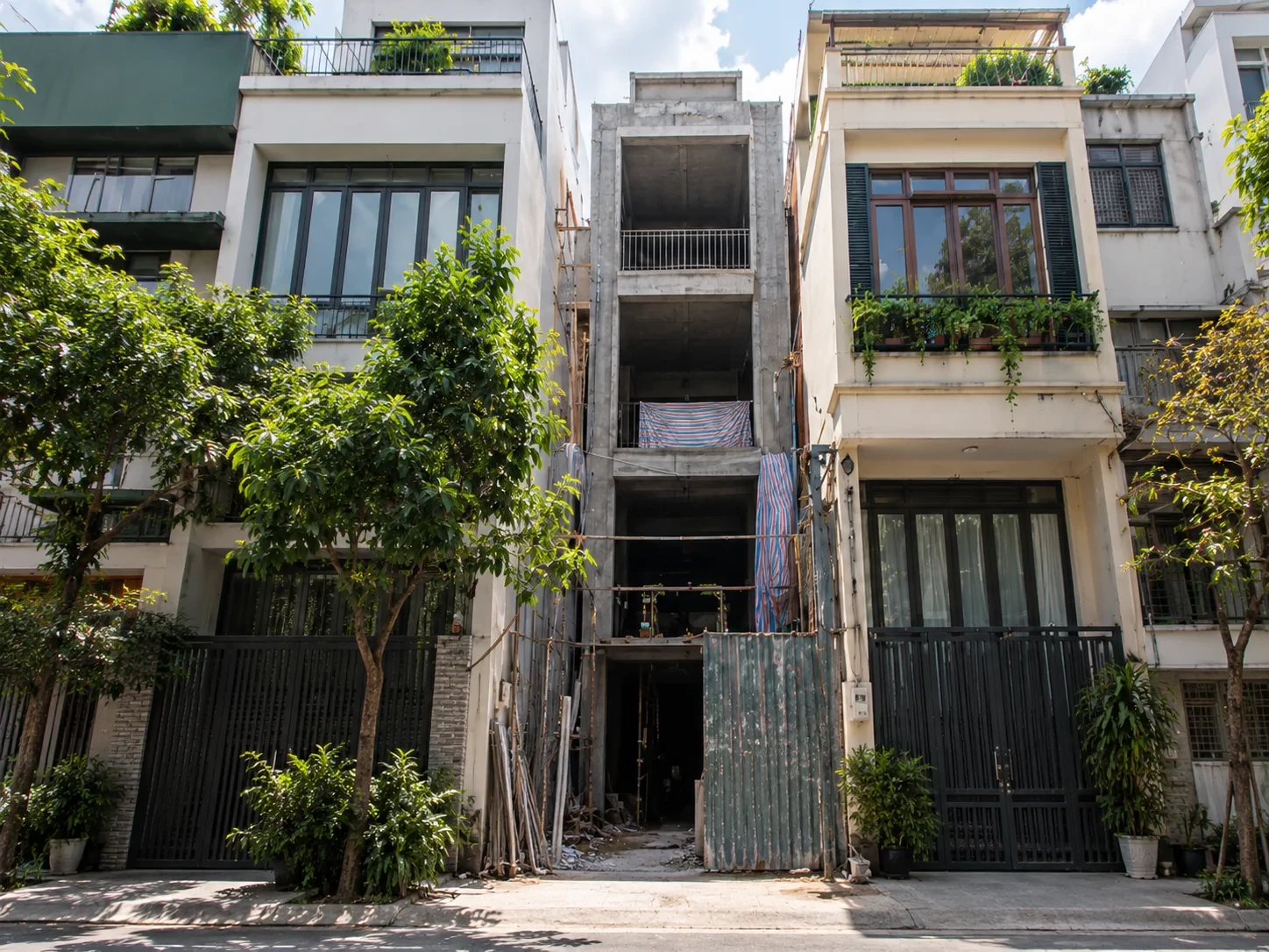 công trình xây mới trong dãy nhà liền kề, bối cảnh công trình nhà phố