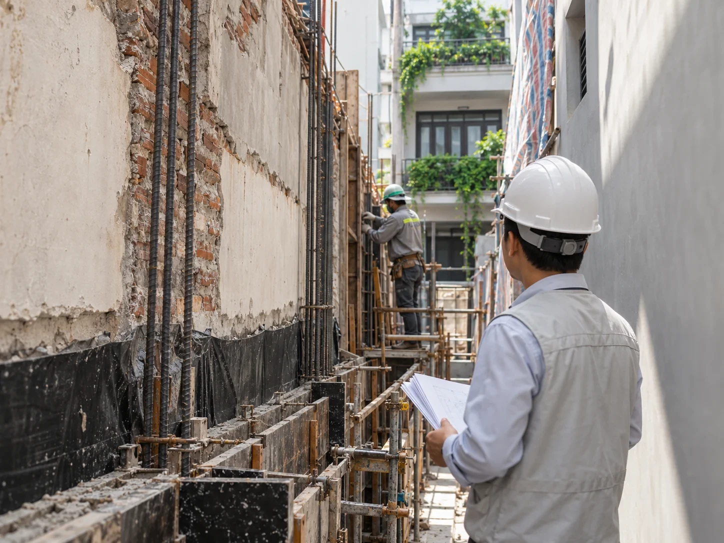 kỹ sư kiểm tra biện pháp thi công bảo vệ nhà liền kề