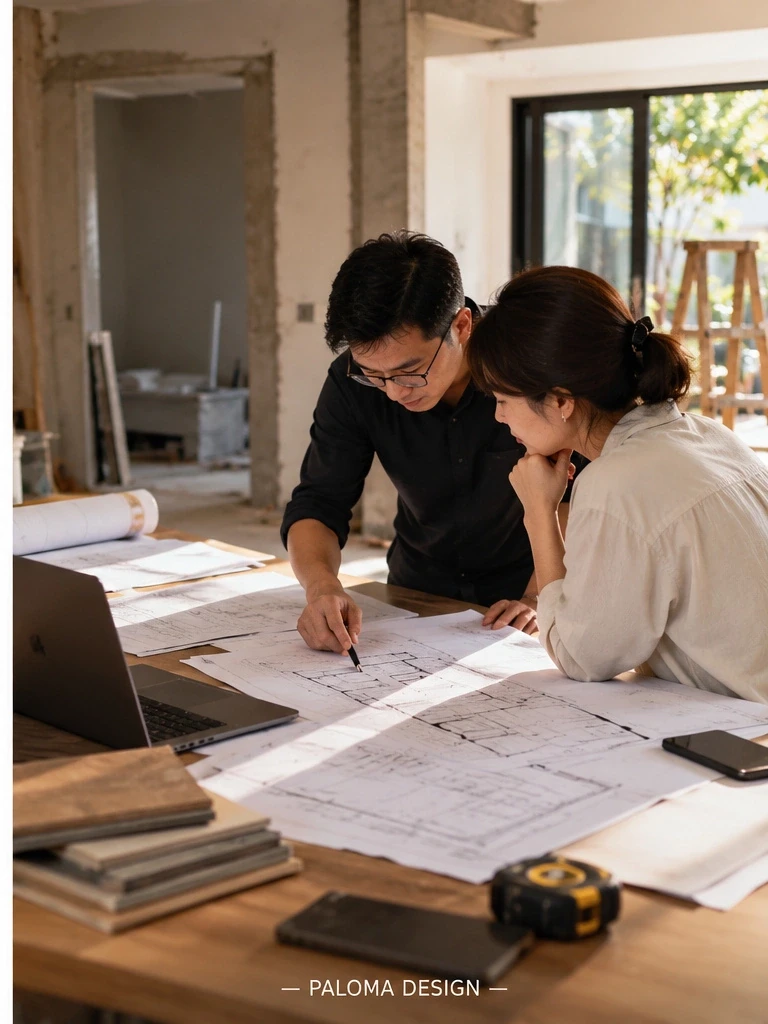 Kiến trúc sư và gia chủ trao đổi bản vẽ, lập kế hoạch tiến độ và ngân sách cải tạo nhà trước Tết