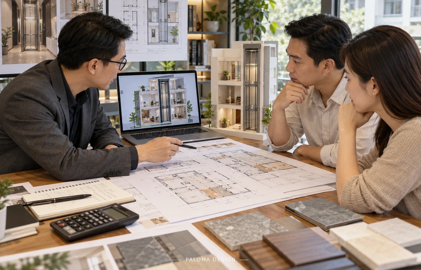 Kiến trúc sư trao đổi bản vẽ mặt bằng với gia chủ trước khi thiết kế thang máy