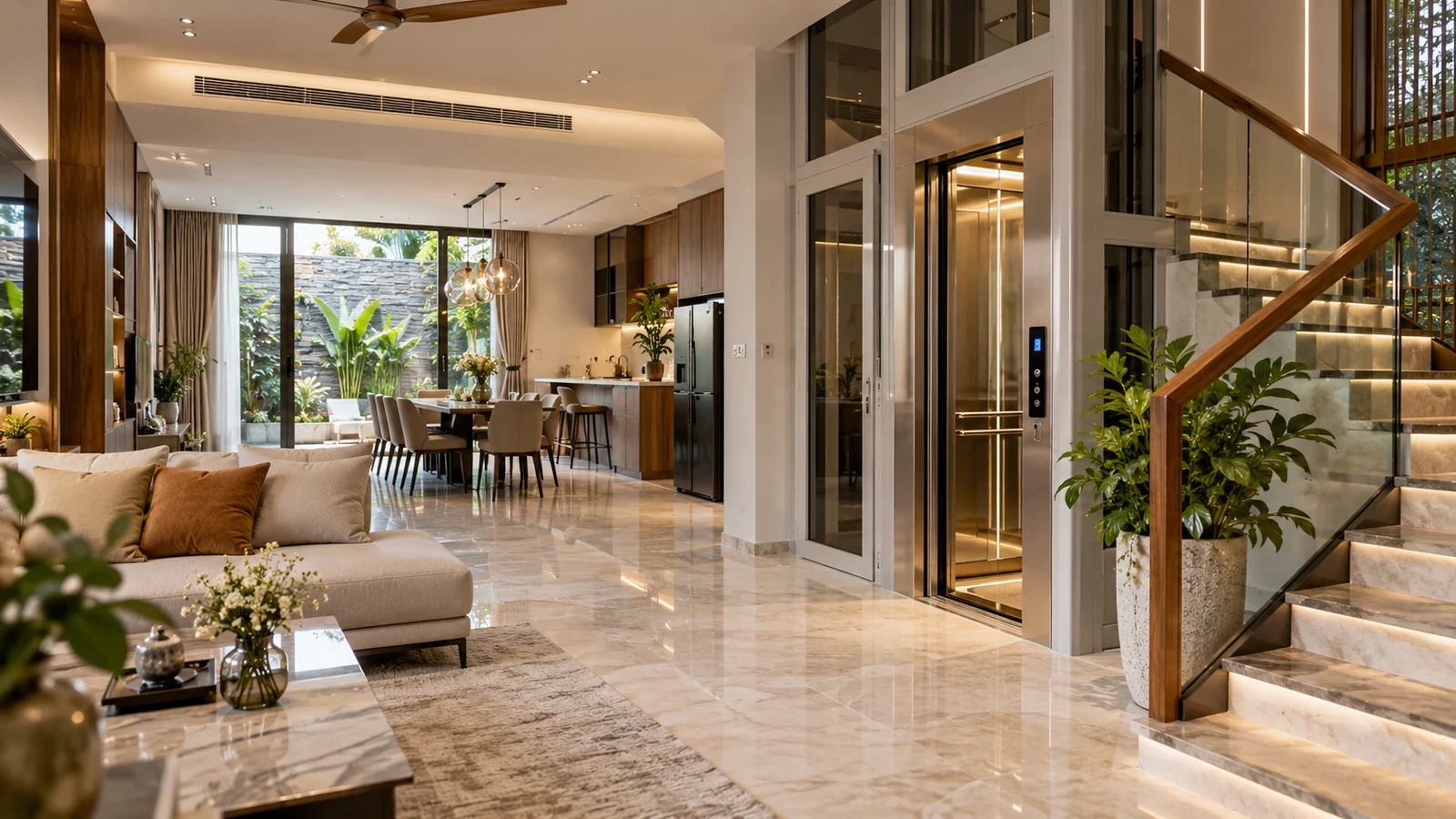 Khu vực thang máy liền kề cầu thang bộ và phòng sinh hoạt trong nhà phố hiện đại