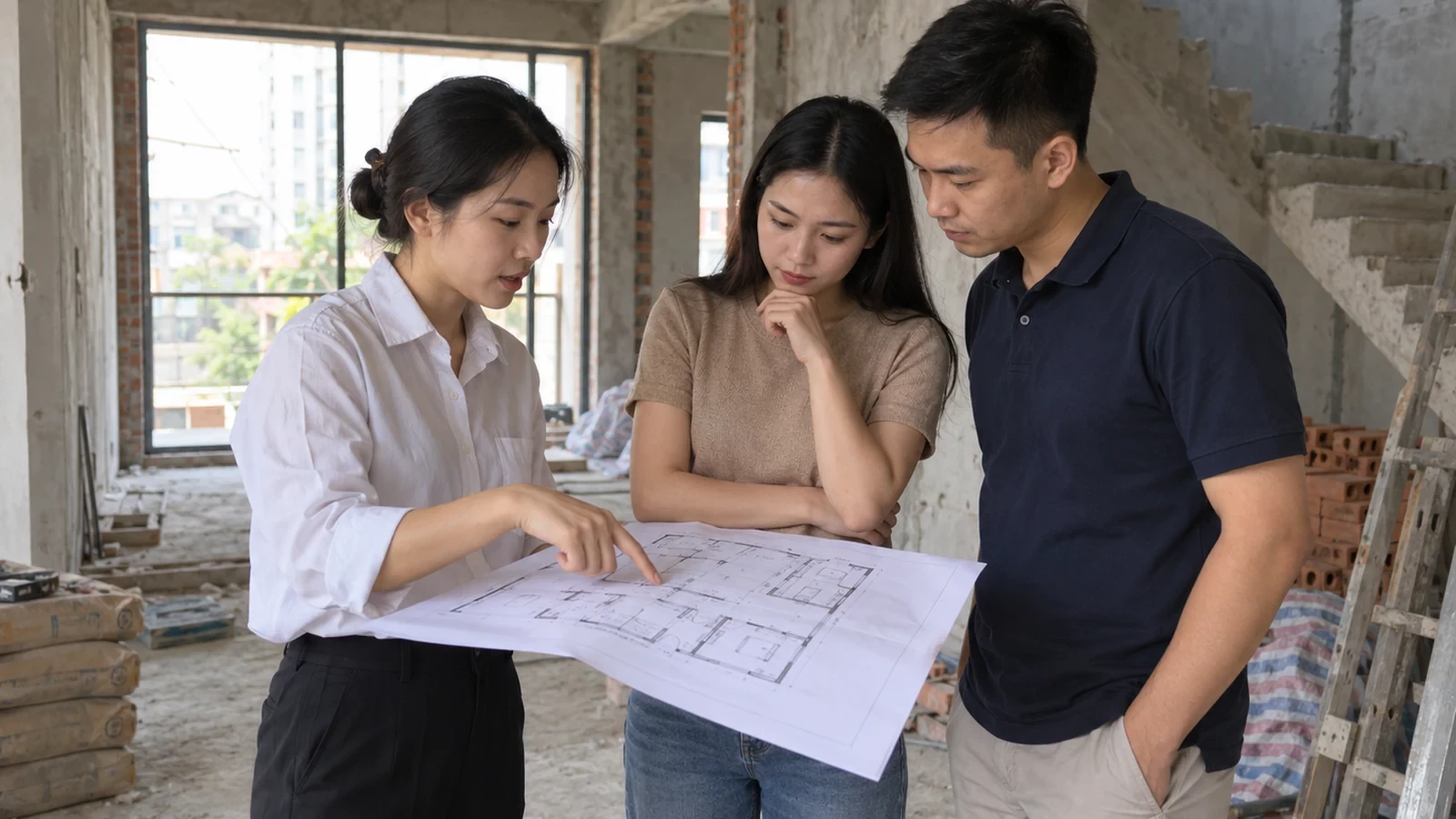 Gia chủ trao đổi bản vẽ nội thất cùng người tư vấn tại căn hộ đang thi công
