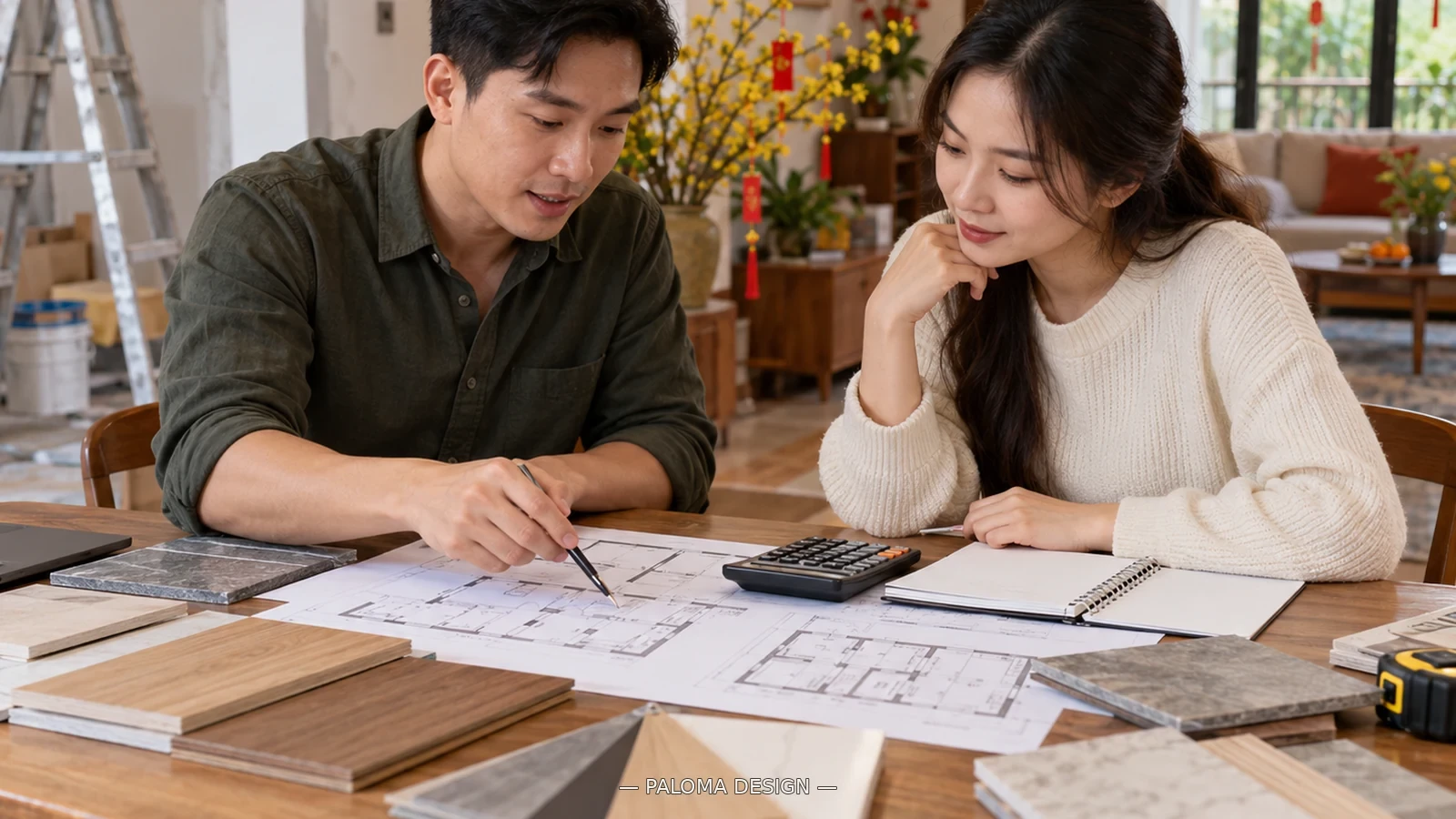 Đối chiếu bản vẽ bố trí nội thất và mẫu hoàn thiện cùng gia chủ