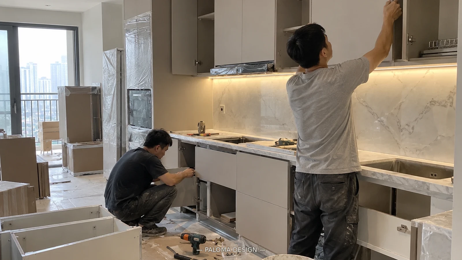 Thợ lắp đặt và kiểm tra hệ tủ bếp trong căn hộ trước nghiệm thu