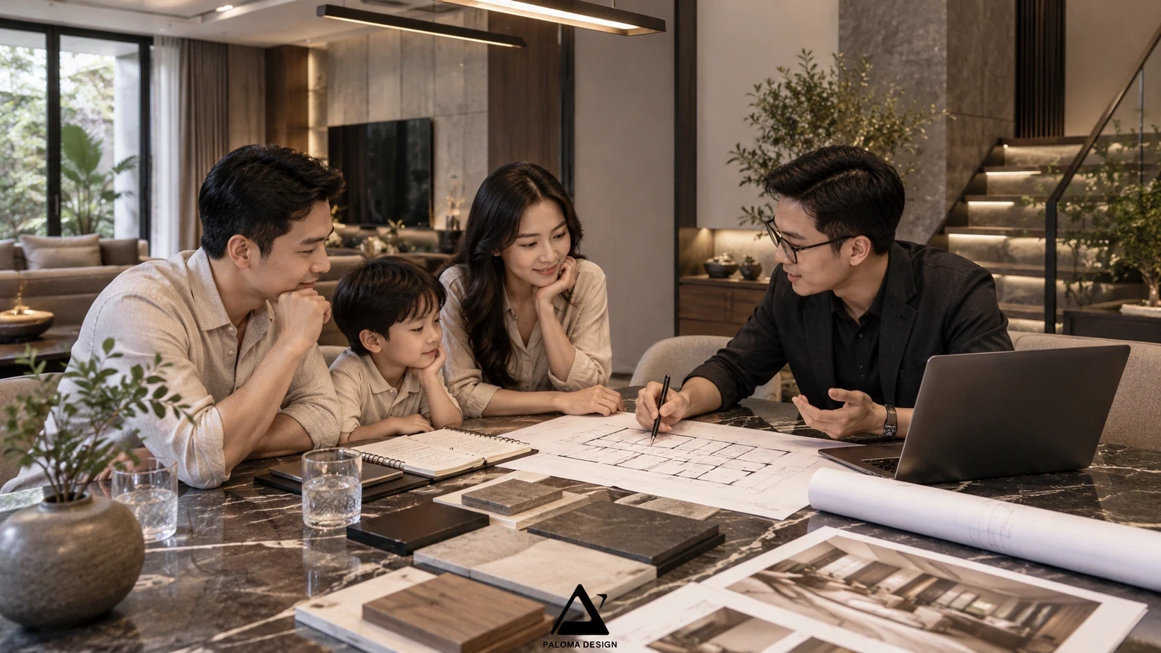 Gia đình trao đổi phương án thiết kế nhà hiện đại cùng kiến trúc sư trước khi xây nhà.