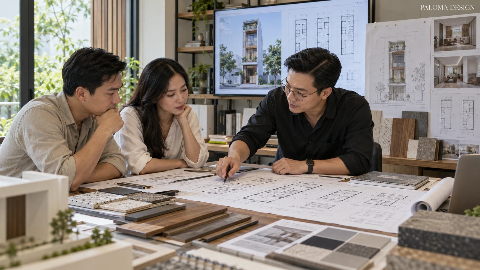 Kiến trúc sư tư vấn phương án nhà phố và rà soát bản vẽ kiến trúc cùng gia chủ – hình minh họa.
