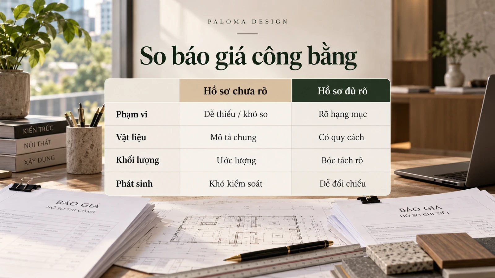 So sánh phạm vi, vật liệu, khối lượng và phát sinh khi nhận báo giá xây nhà.