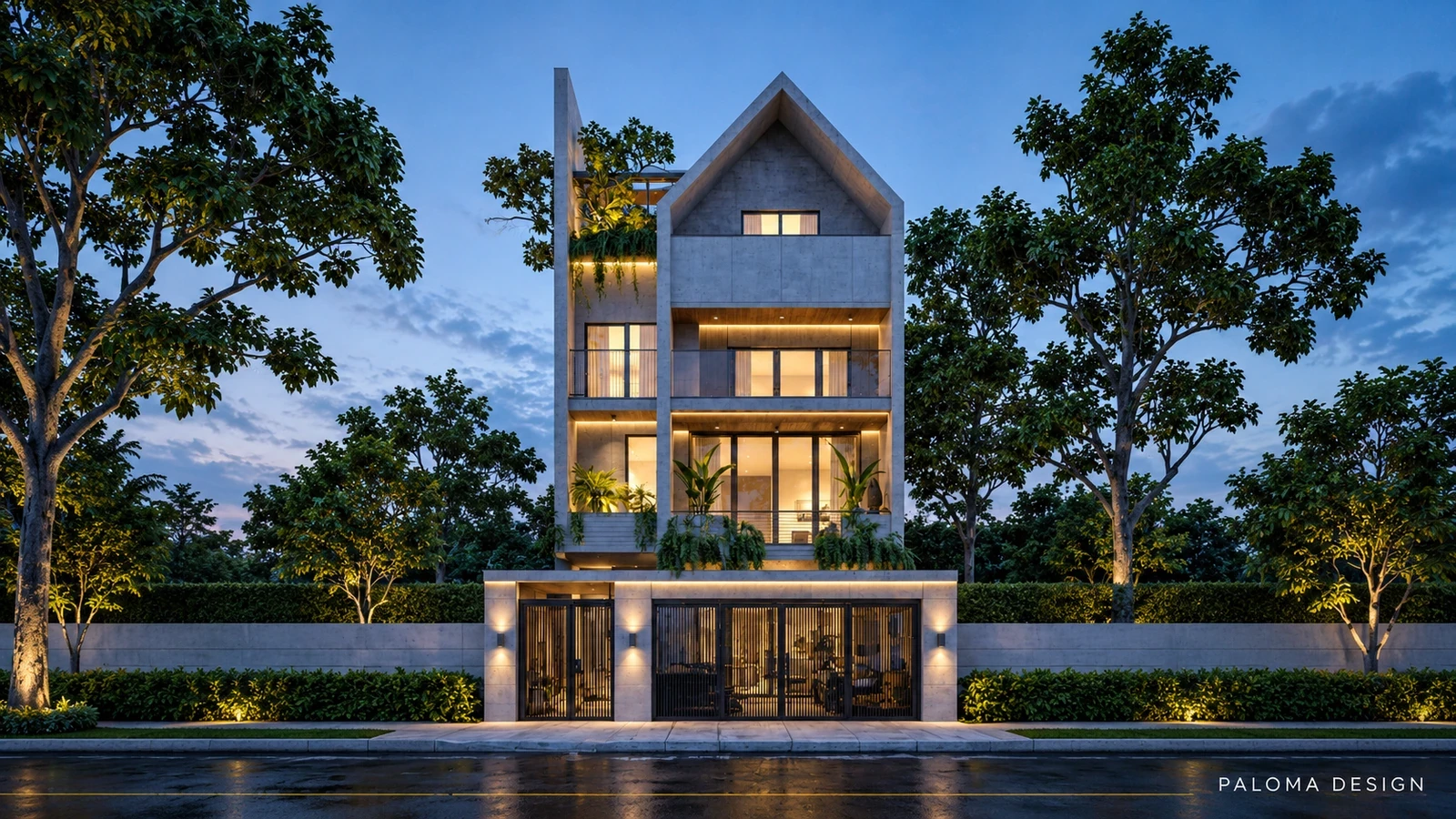 Phối cảnh thiết kế kiến trúc nhà phố hiện đại mái dốc, ban công xanh – Paloma Design