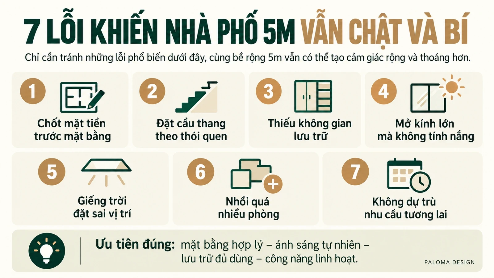 Infographic bảy lỗi khiến nhà phố mặt tiền 5m chật và bí