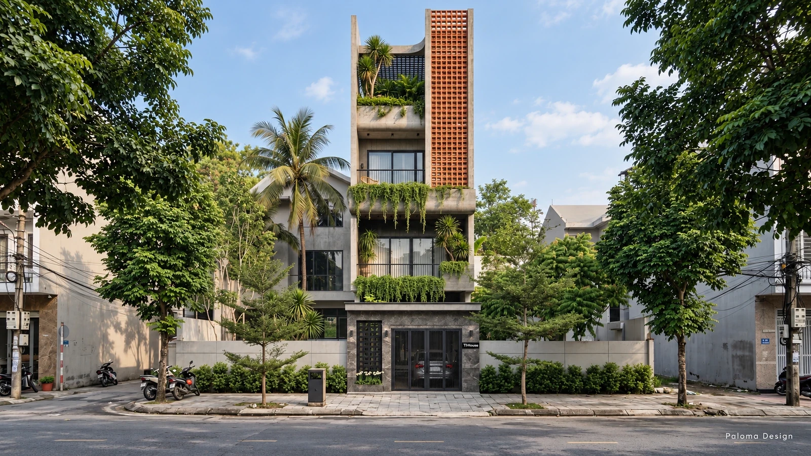 Phối cảnh nhà phố hiện đại có gạch thông gió và ban công xanh – Paloma Design