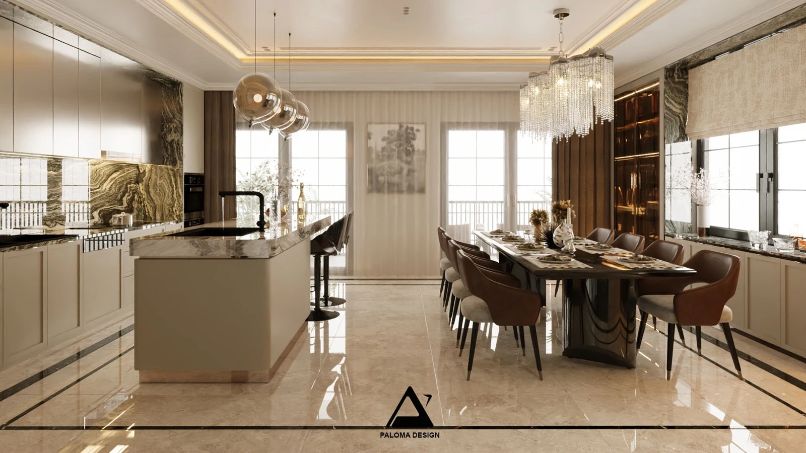 Phối cảnh bếp ăn nhà anh Thắng Kim Mã đón sáng từ cửa sổ và cửa kính – Paloma Design