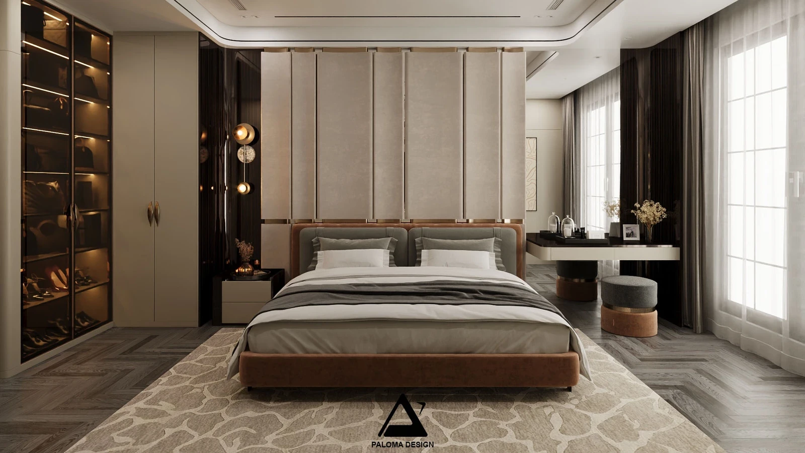 Phối cảnh phòng ngủ master công trình Kim Mã, bố trí giường, tủ đồ và bàn trang điểm – Paloma Design