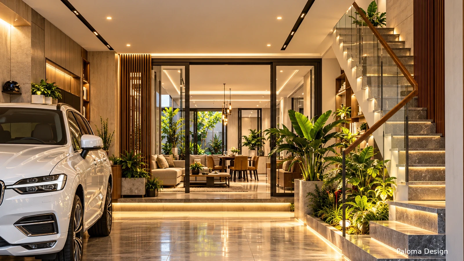 Không gian nhà phố với gara tầng một kết nối sảnh, cầu thang và khu sinh hoạt phía sau