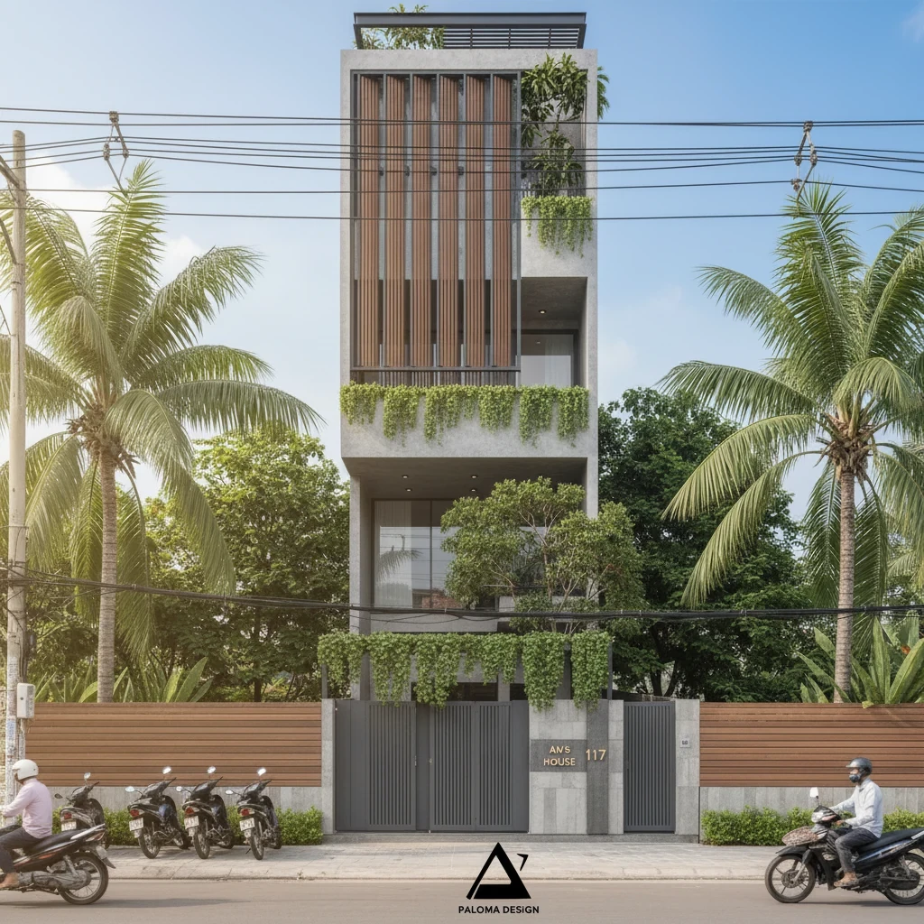 Thiết kế mặt tiền nhà phố hiện đại với hệ lam đứng