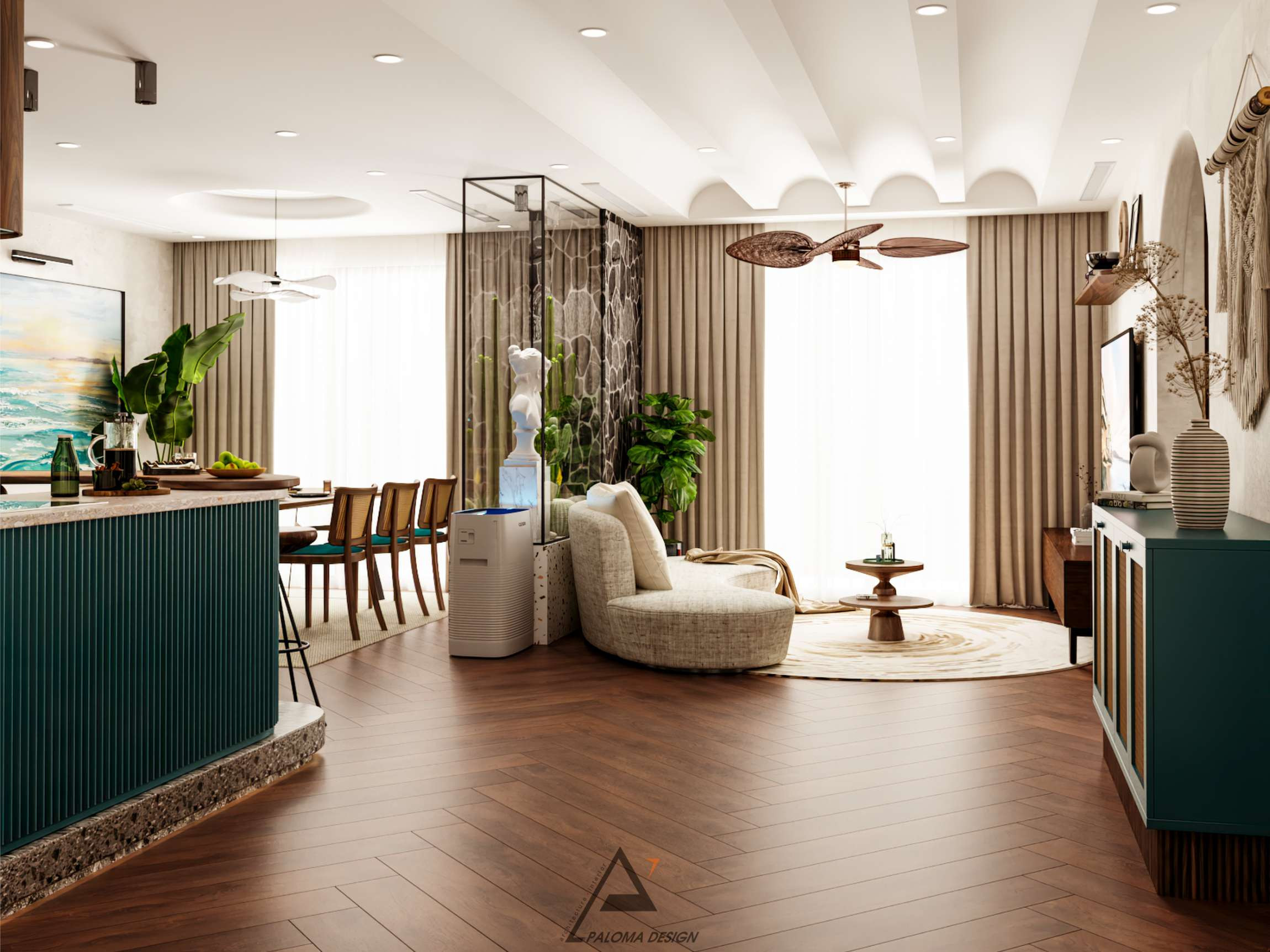 Phòng khách nhà phố 2 tầng hiện đại mái bằng